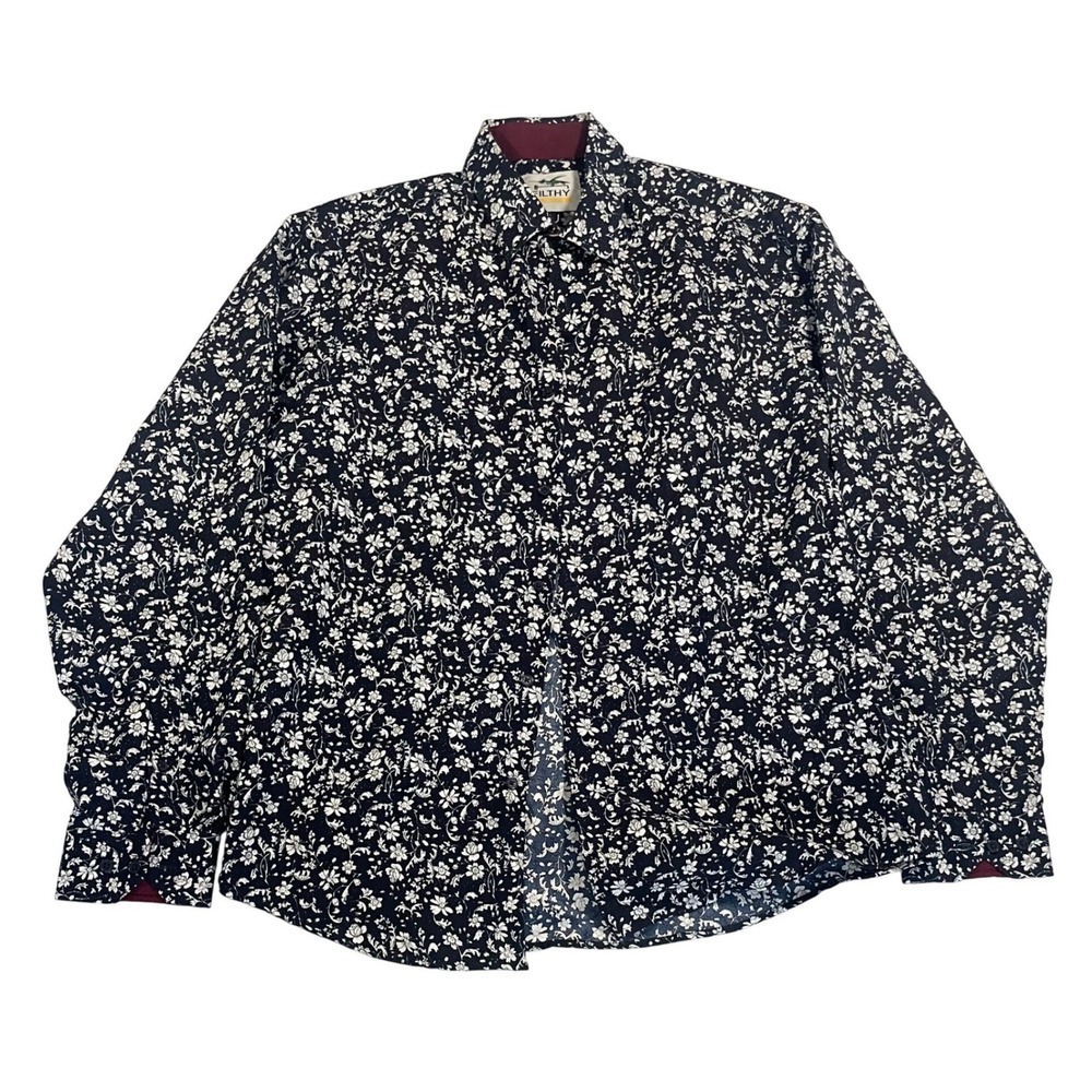 Filthy Etiquette Mens Button Up Shirt Large Blue Long Sleeve Floral Camp Boho